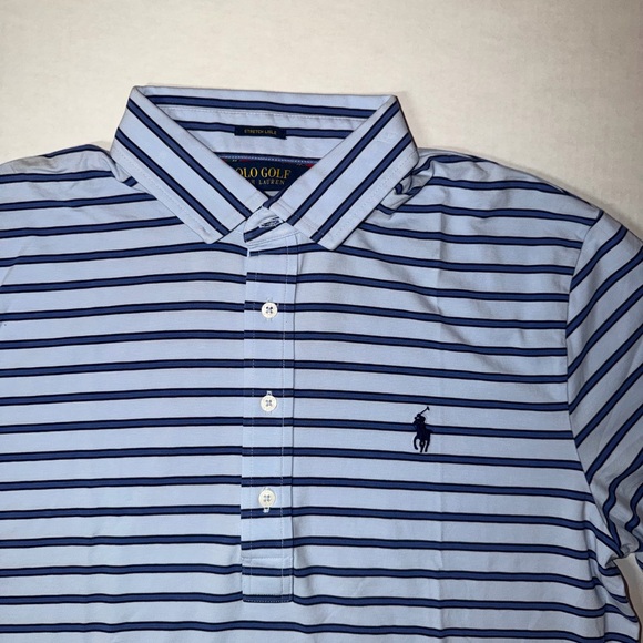 Polo by Ralph Lauren Men's Light Blue and Navy Striped Polo - Picture 2 of 5